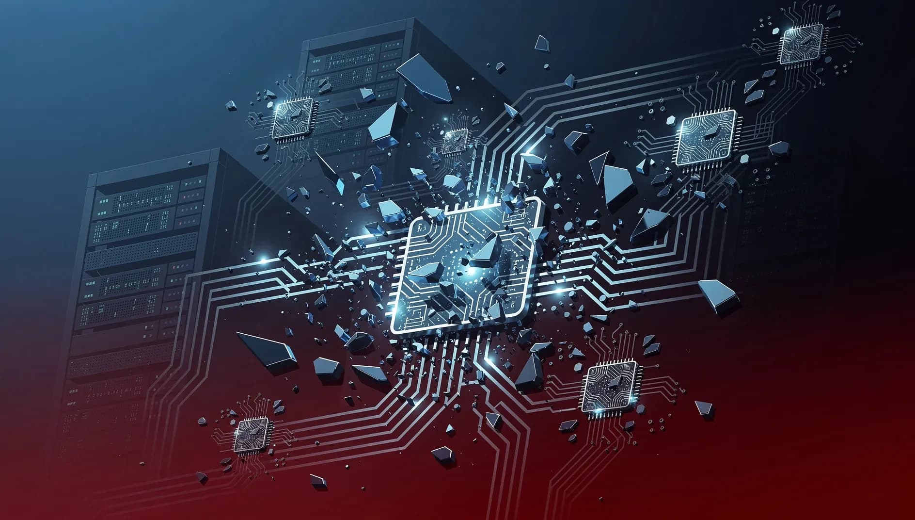 Illustration abstraite représentant des flux de données numériques interceptés et des circuits électroniques fragmentés, symbolisant le détournement de technologies avancées dans la chaîne d'approvisionnement mondiale