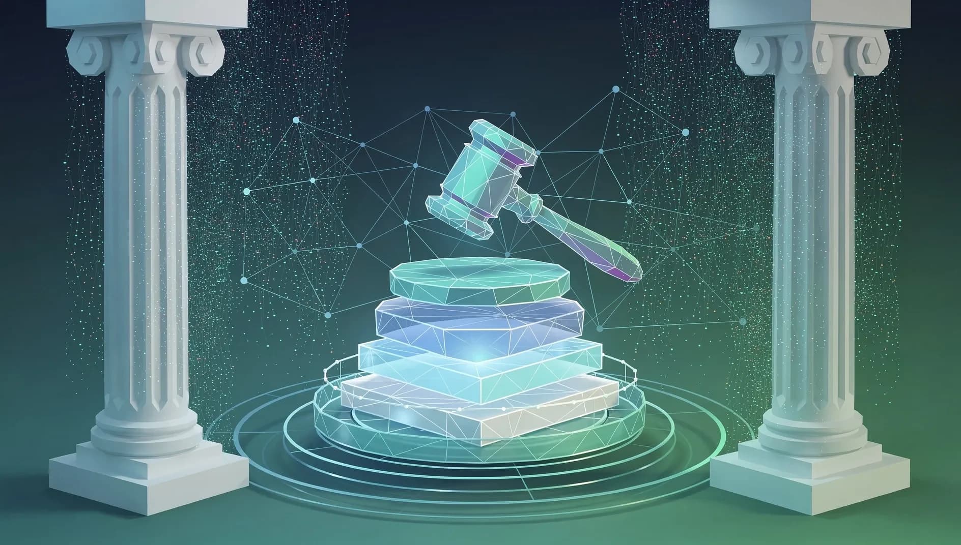 Illustration abstraite représentant la convergence de cadres réglementaires et de réseaux numériques décentralisés dans un écosystème financier mondial