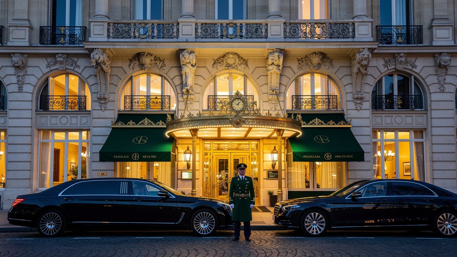Hall d'entrée d'un palace parisien avec lustres en cristal et marbre blanc