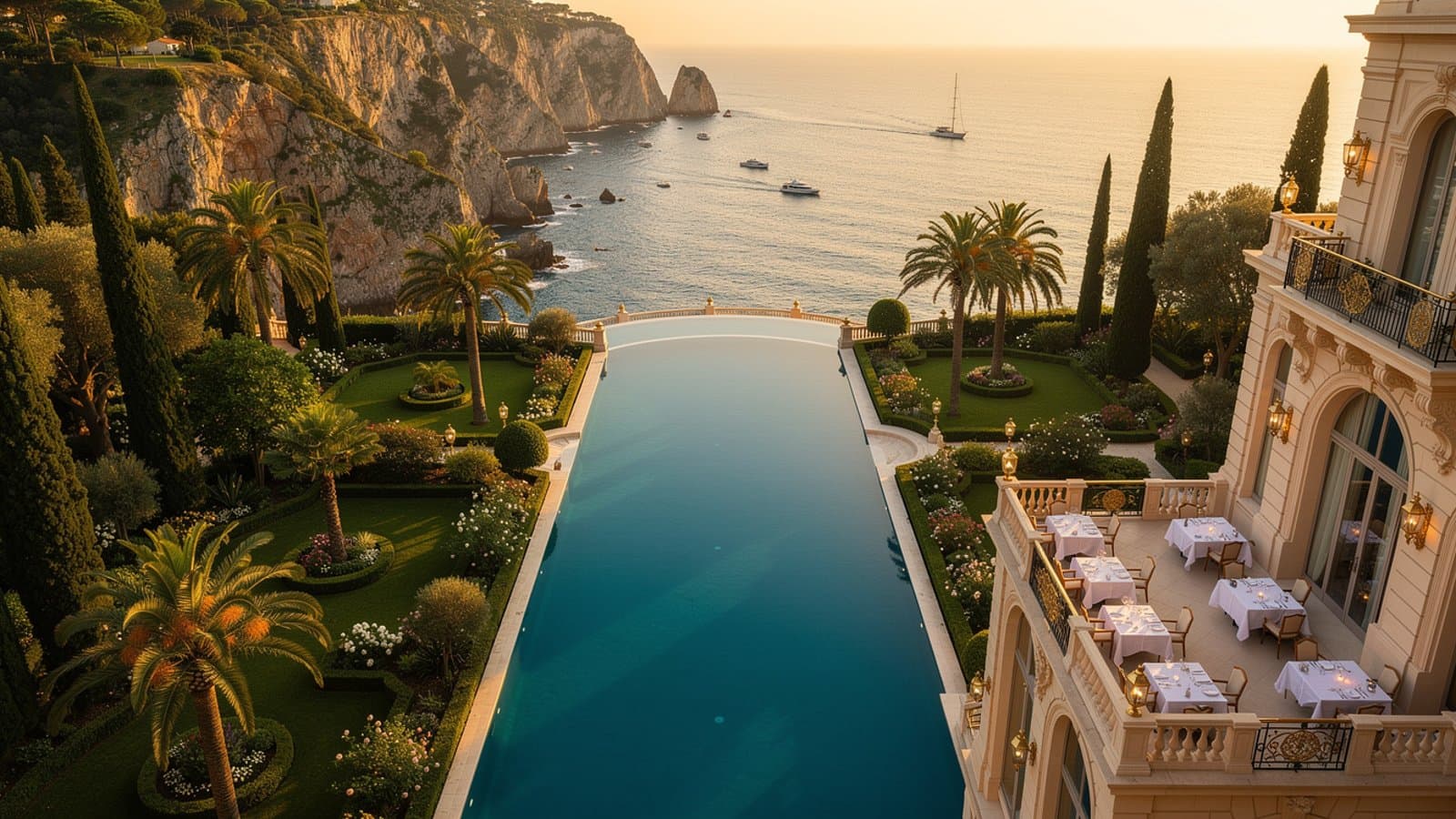 Terrasse d'un palace de la Côte d'Azur surplombant la Méditerranée au coucher du soleil