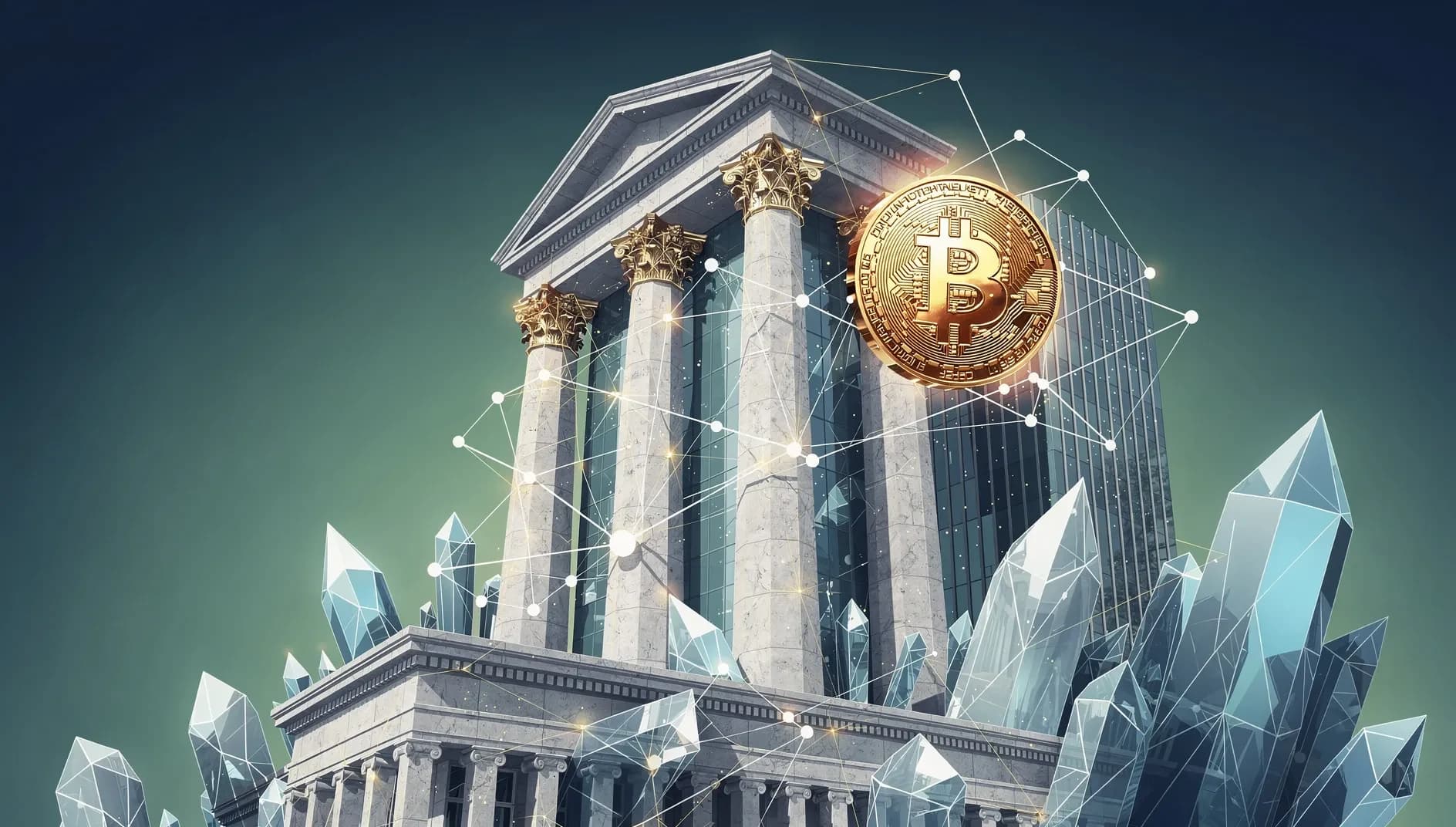 Illustration abstraite représentant la convergence entre la finance traditionnelle et les actifs numériques, symbolisée par des structures cristallines interconnectées sur fond de dégradé bleu profond et vert