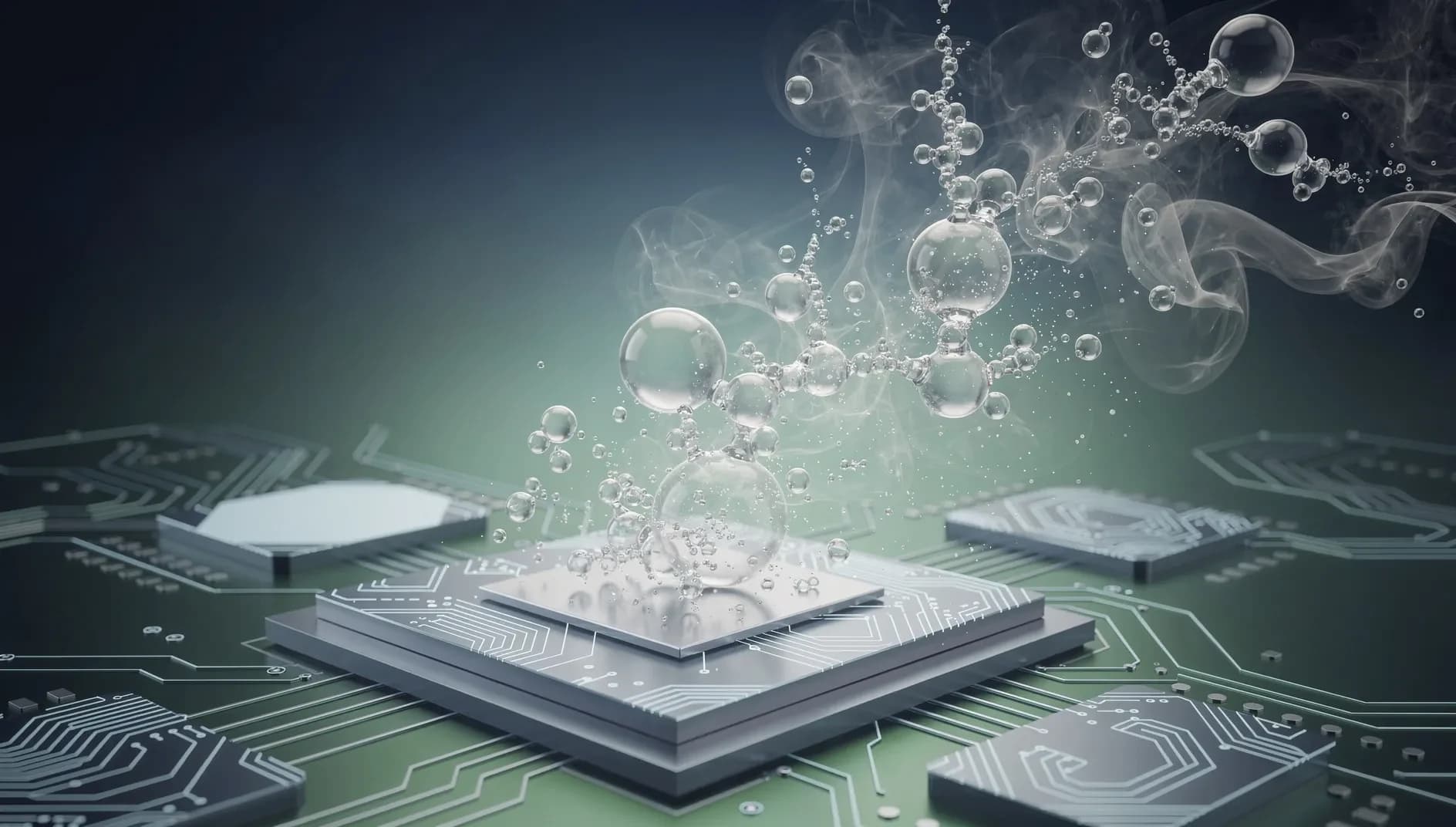 Visualisation abstraite de flux gazeux et de réseaux de circuits électroniques symbolisant la crise de l'hélium dans l'industrie des semi-conducteurs
