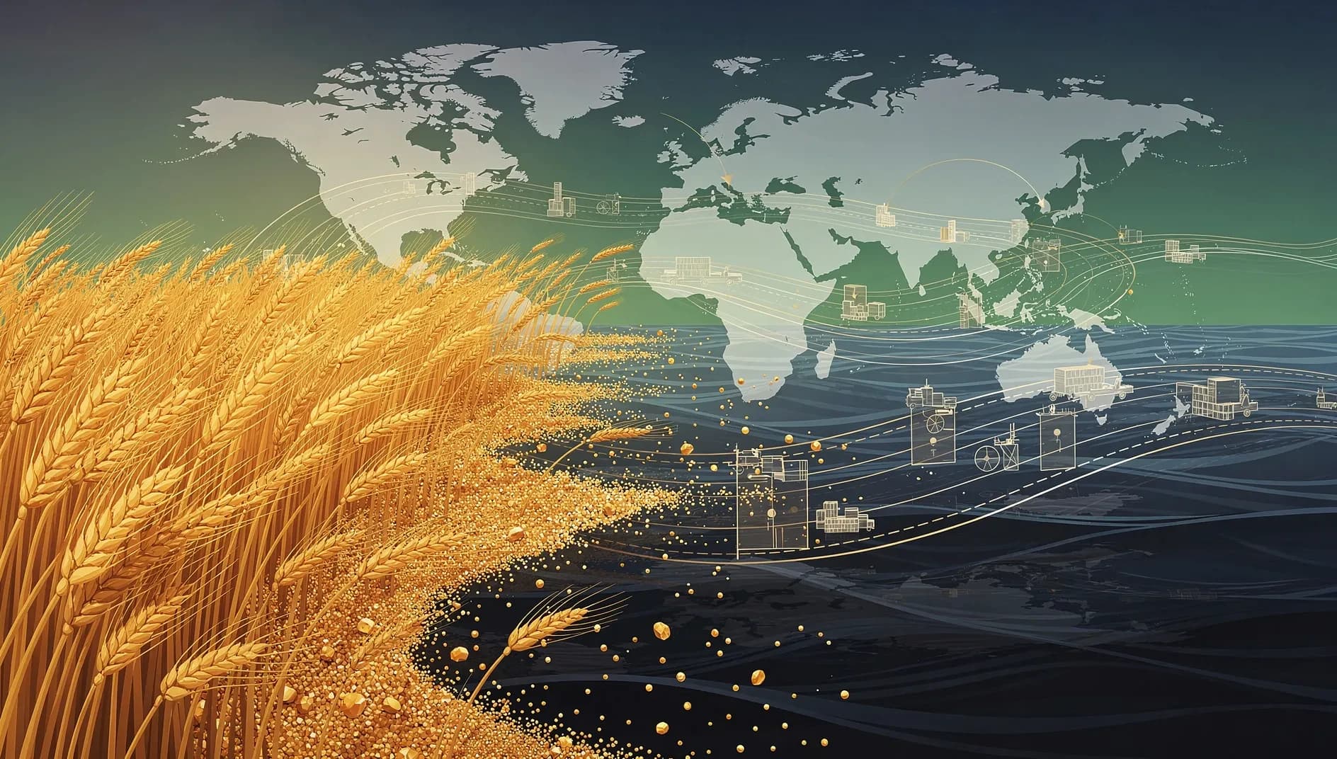 Illustration abstraite représentant des flux agricoles et des chaînes d'approvisionnement mondiales perturbées par un blocage maritime stratégique