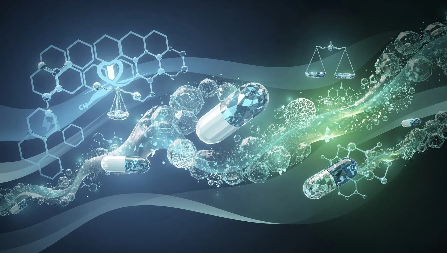 Illustration abstraite représentant des structures moléculaires pharmaceutiques interconnectées sur fond de gradient bleu et vert, symbolisant l'innovation dans le traitement de l'obésité