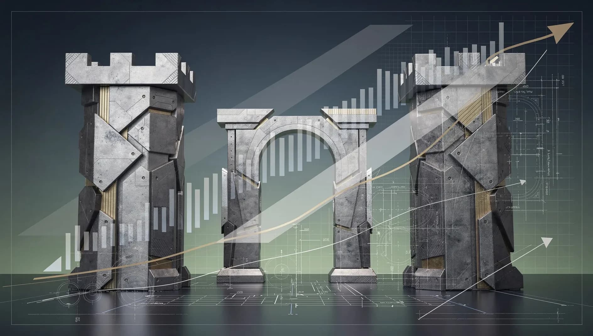 Illustration abstraite évoquant la puissance industrielle de la défense européenne avec des formes géométriques structurées