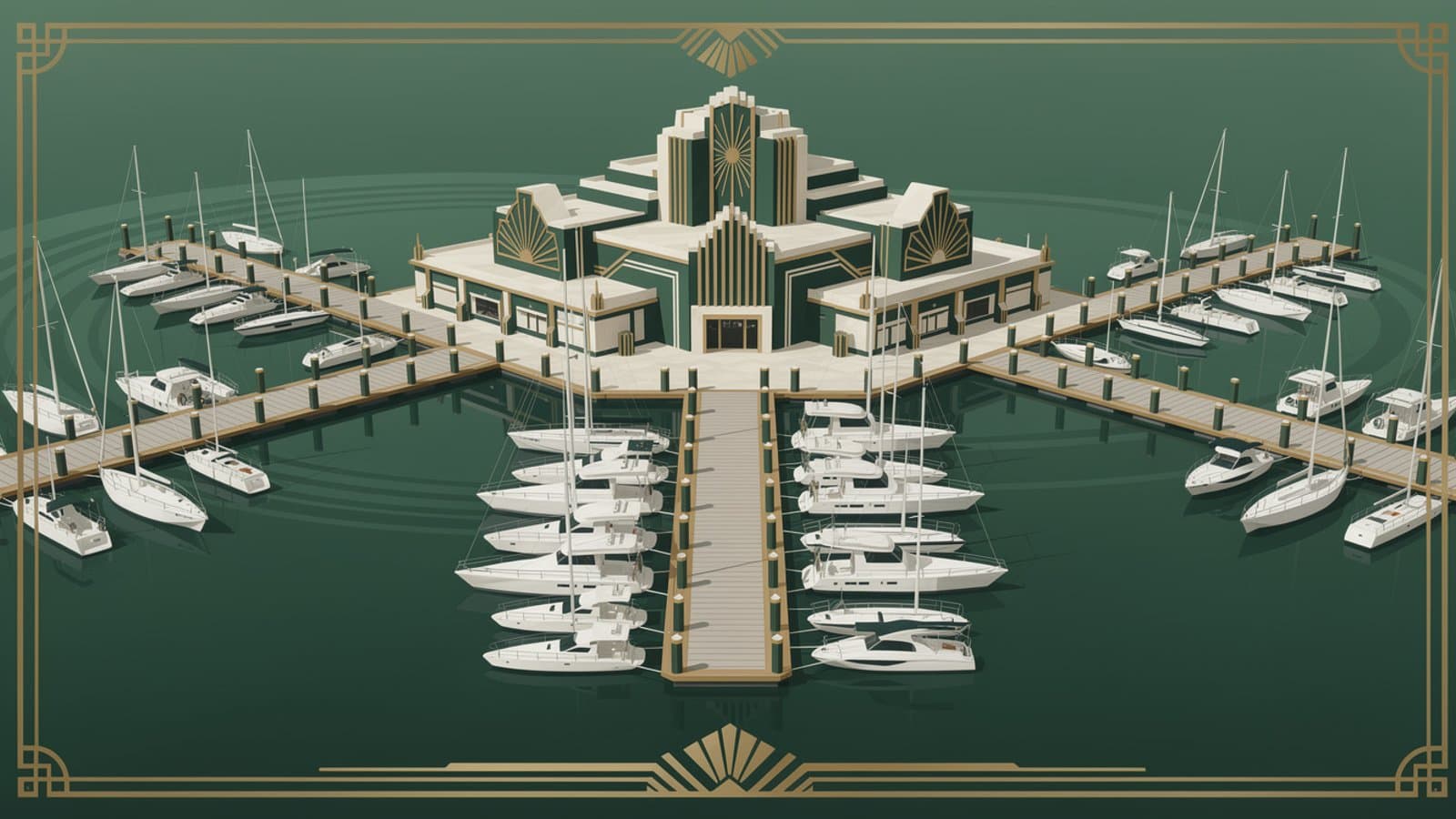 Illustration Art Déco d'un port de plaisance moderne avec des pontons flottants et des voiliers amarrés