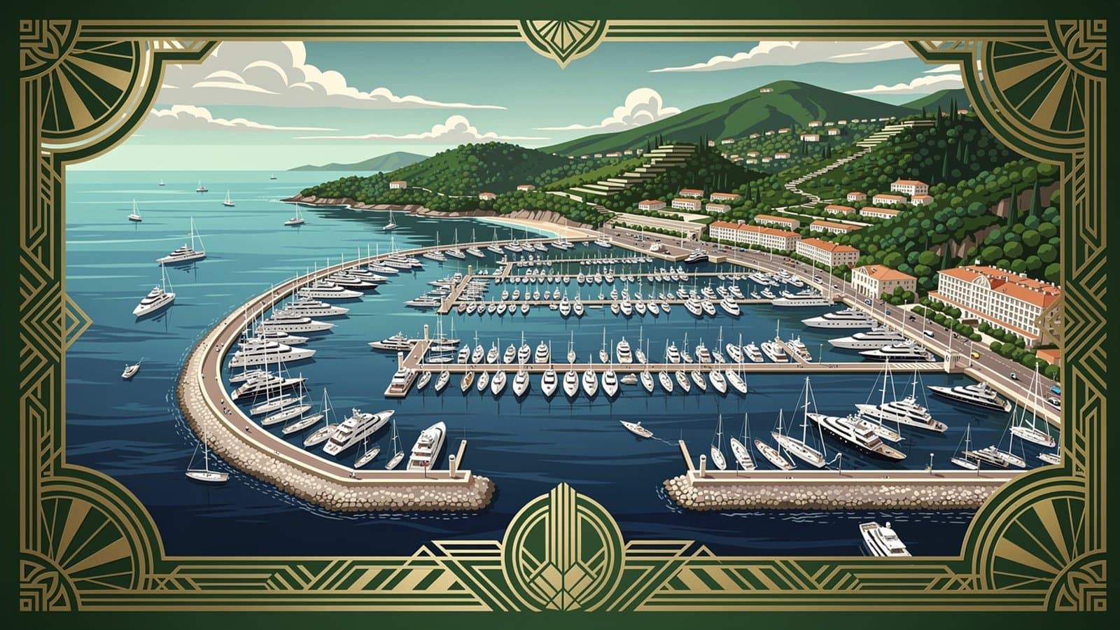 Illustration Art Déco d'un panorama méditerranéen avec des ports de plaisance et des yachts amarrés