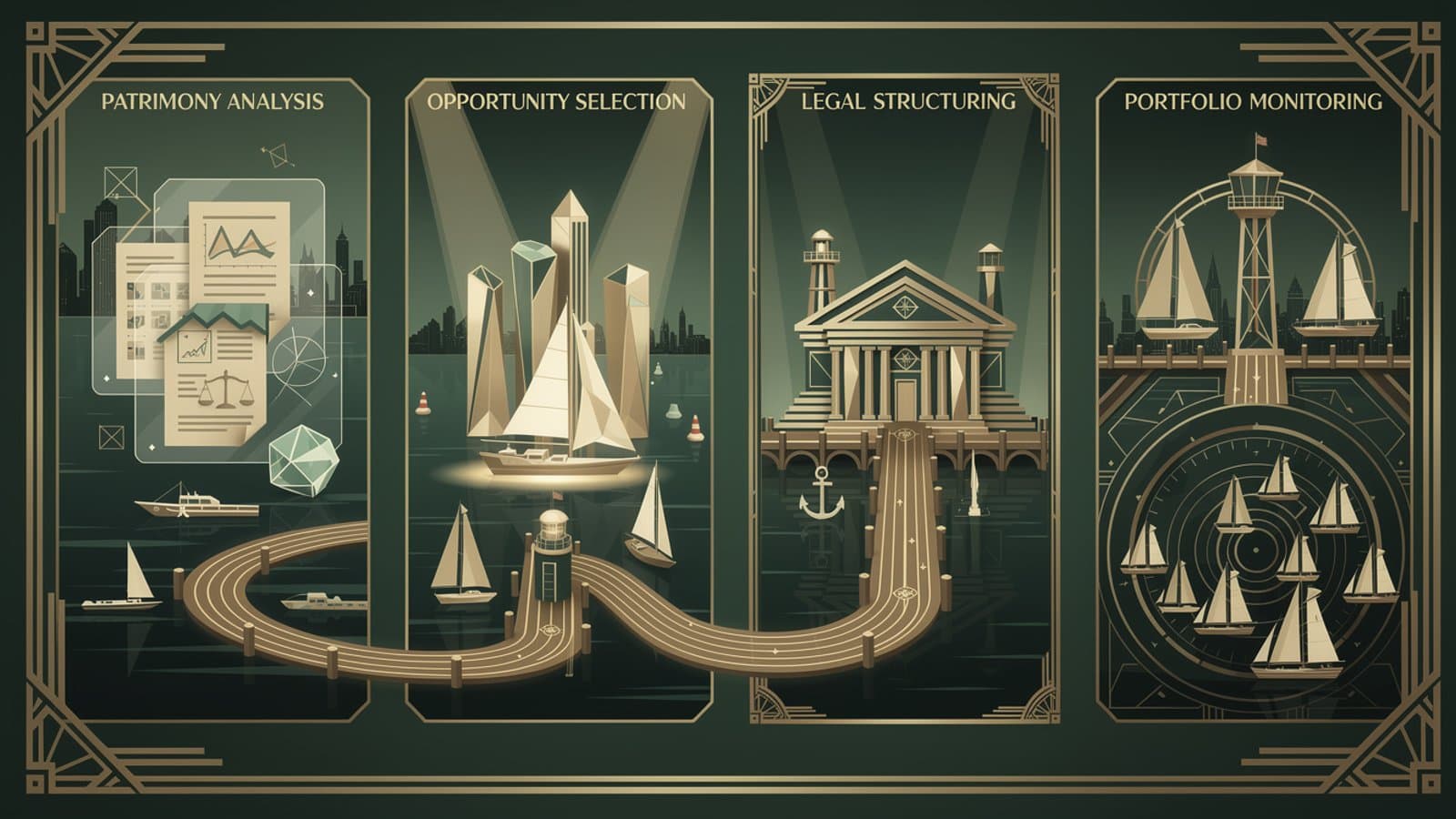 Illustration Art Déco du processus d'investissement dans un port de plaisance avec les étapes clés