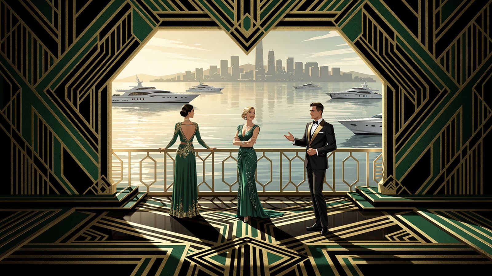 Illustration Art Déco de différents profils d'investisseurs devant un panorama de port de plaisance