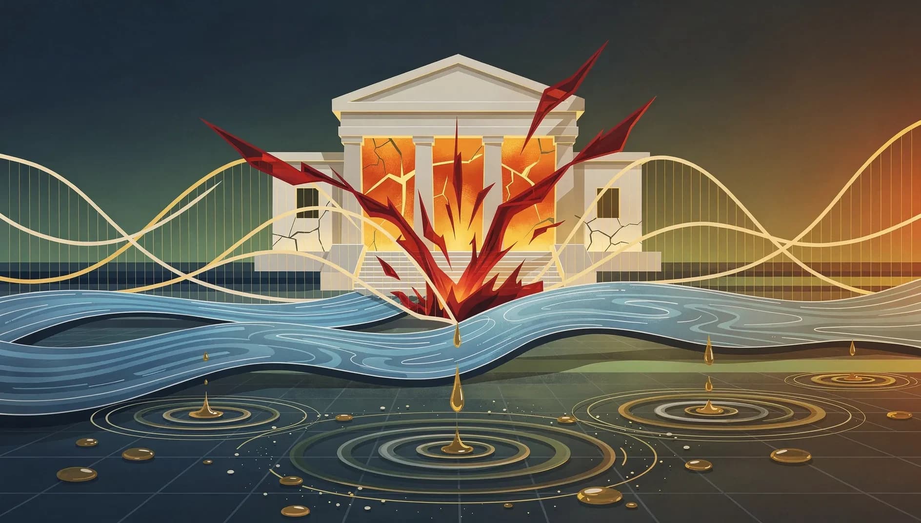 Visualisation abstraite du basculement des flux obligataires mondiaux, représentant la tension entre forces inflationnistes et ralentissement économique dans un paysage financier en mutation