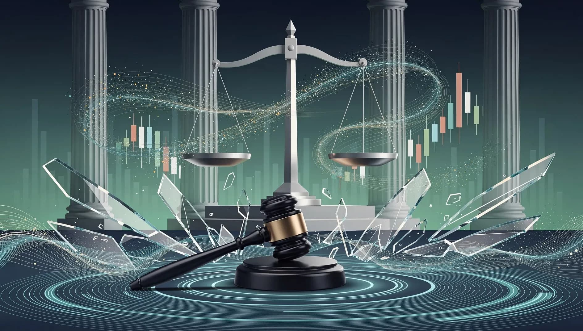 Illustration abstraite évoquant un verdict judiciaire dans le monde de la finance numérique, avec des formes géométriques symbolisant la justice et les marchés
