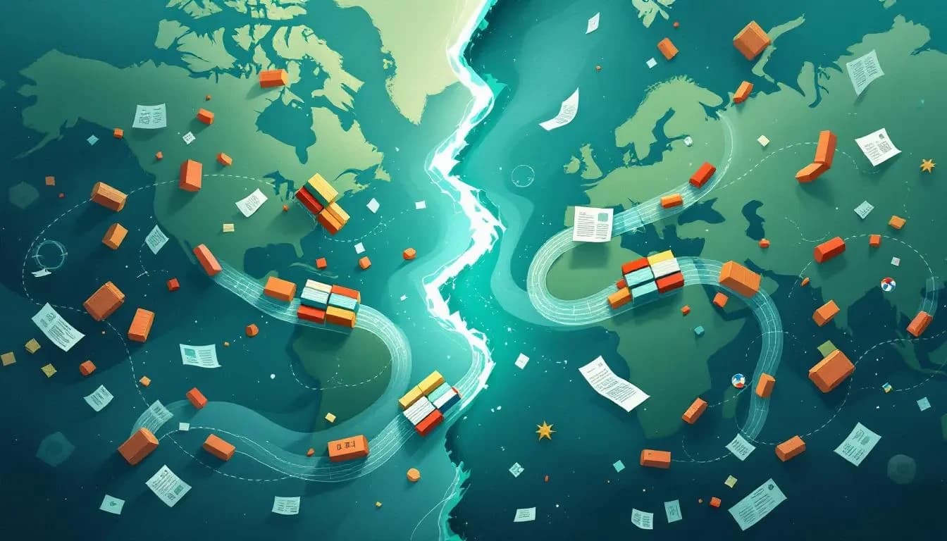 Représentation abstraite de flux commerciaux transatlantiques fragmentés entre drapeaux européens et américains stylisés, symbolisant les tensions douanières