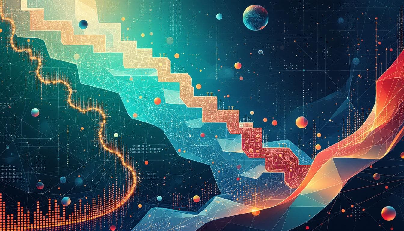 Visualisation abstraite de la contagion financière à travers les marchés asiatiques, avec des flux de données descendants symbolisant la chute des indices boursiers