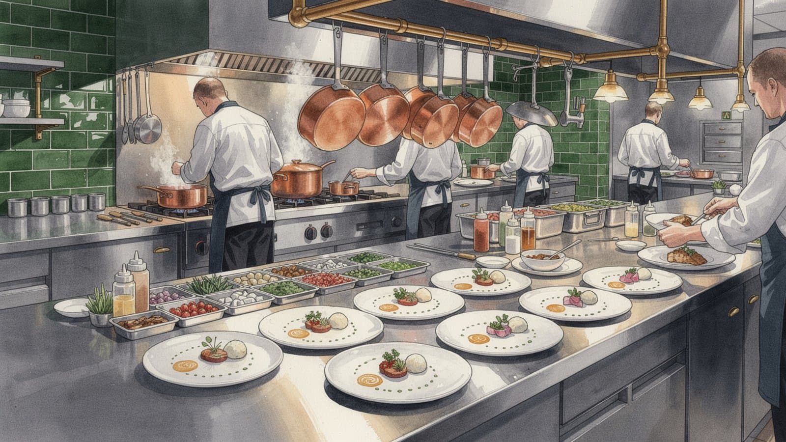 Chef en action dans la cuisine d'un restaurant étoilé Michelin, brigade organisée autour du pass