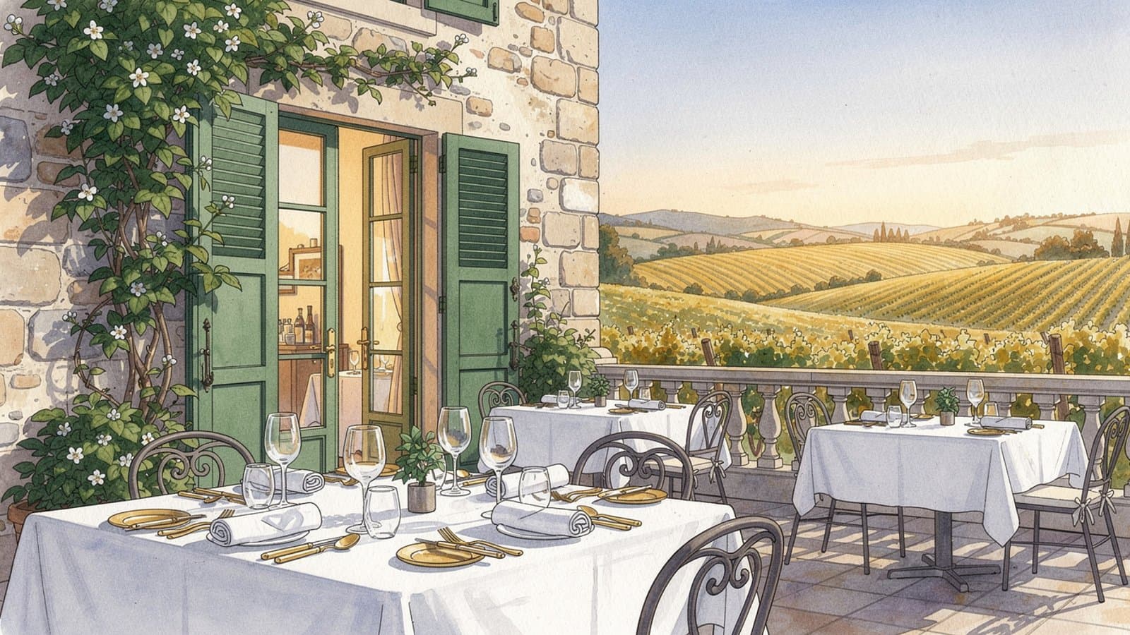 Salle élégante d'un restaurant étoilé en province française, tables dressées avec vue sur la campagne