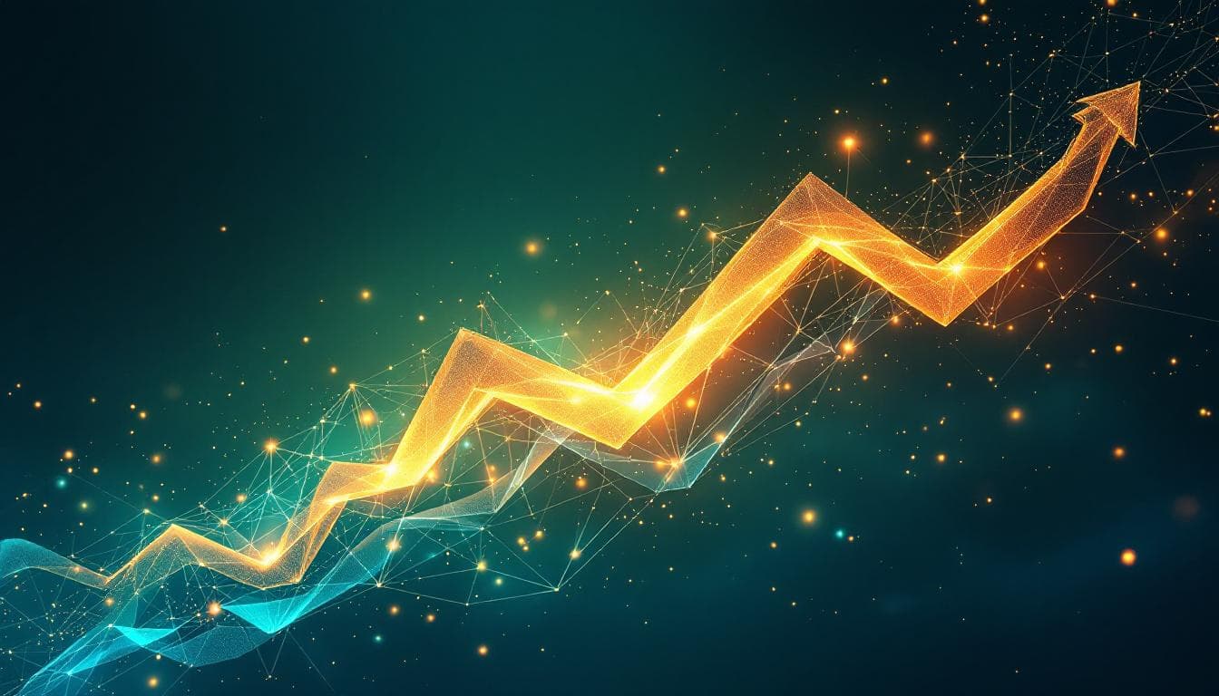 Visualisation abstraite de flux financiers mondiaux en mouvement ascendant, symbolisant le rebond spectaculaire des marchés boursiers