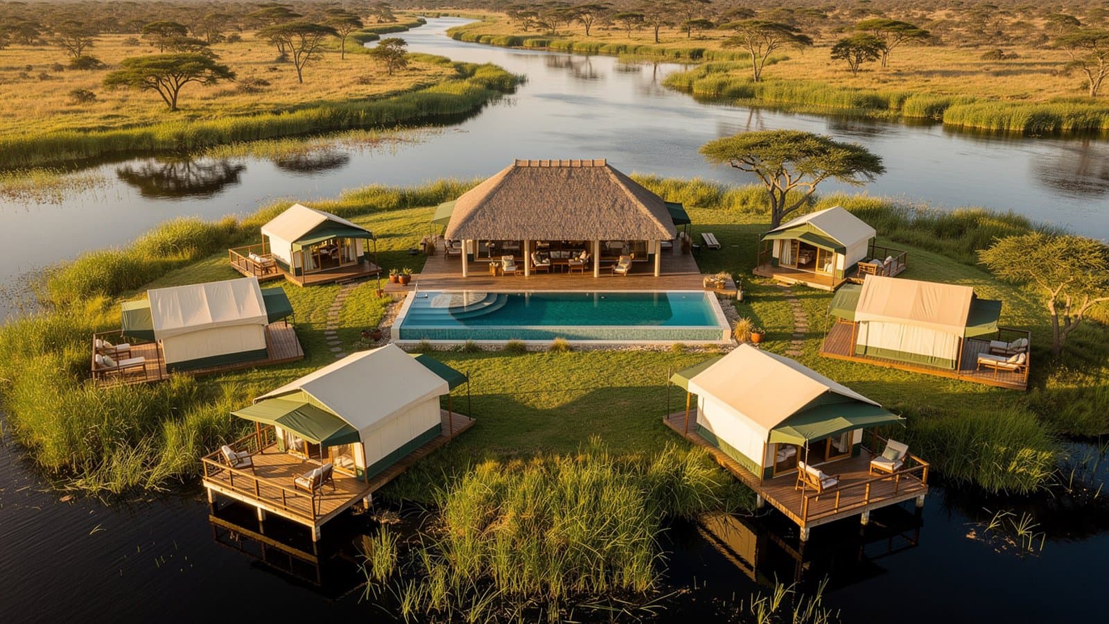 Vue aérienne d'un camp de tentes de luxe dans le delta de l'Okavango au Botswana entouré de faune sauvage