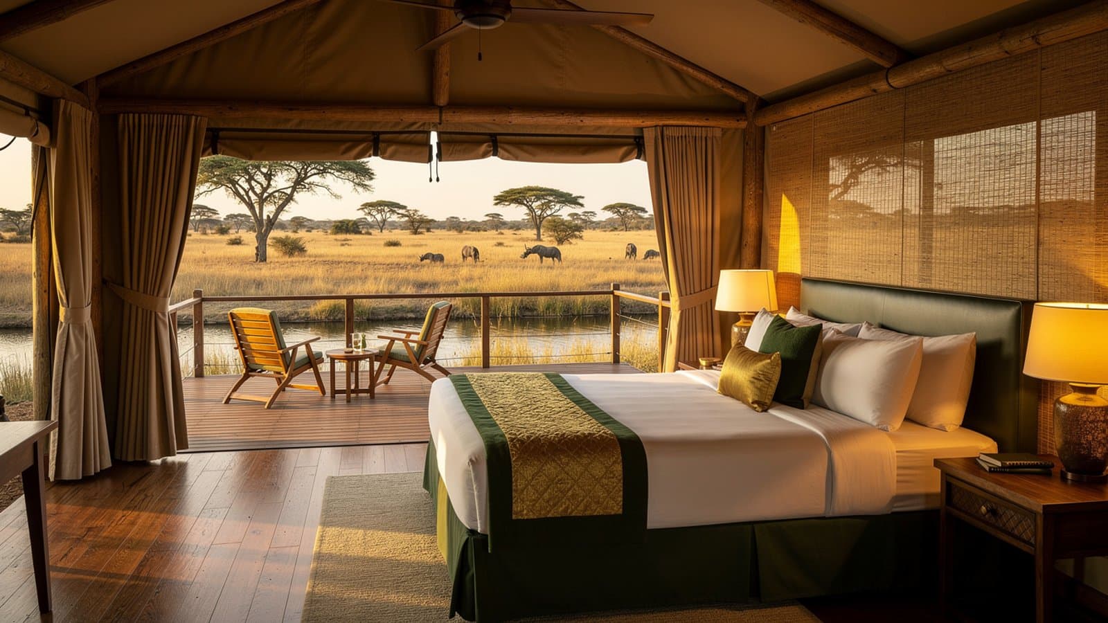 Suite de luxe d'un lodge de safari avec vue panoramique sur la savane et troupeau d'éléphants au point d'eau