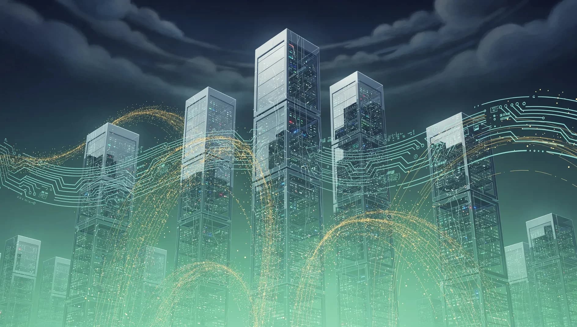 Représentation abstraite de flux de données massifs convergeant vers des centres de calcul interconnectés, symbolisant la course mondiale aux infrastructures d'intelligence artificielle