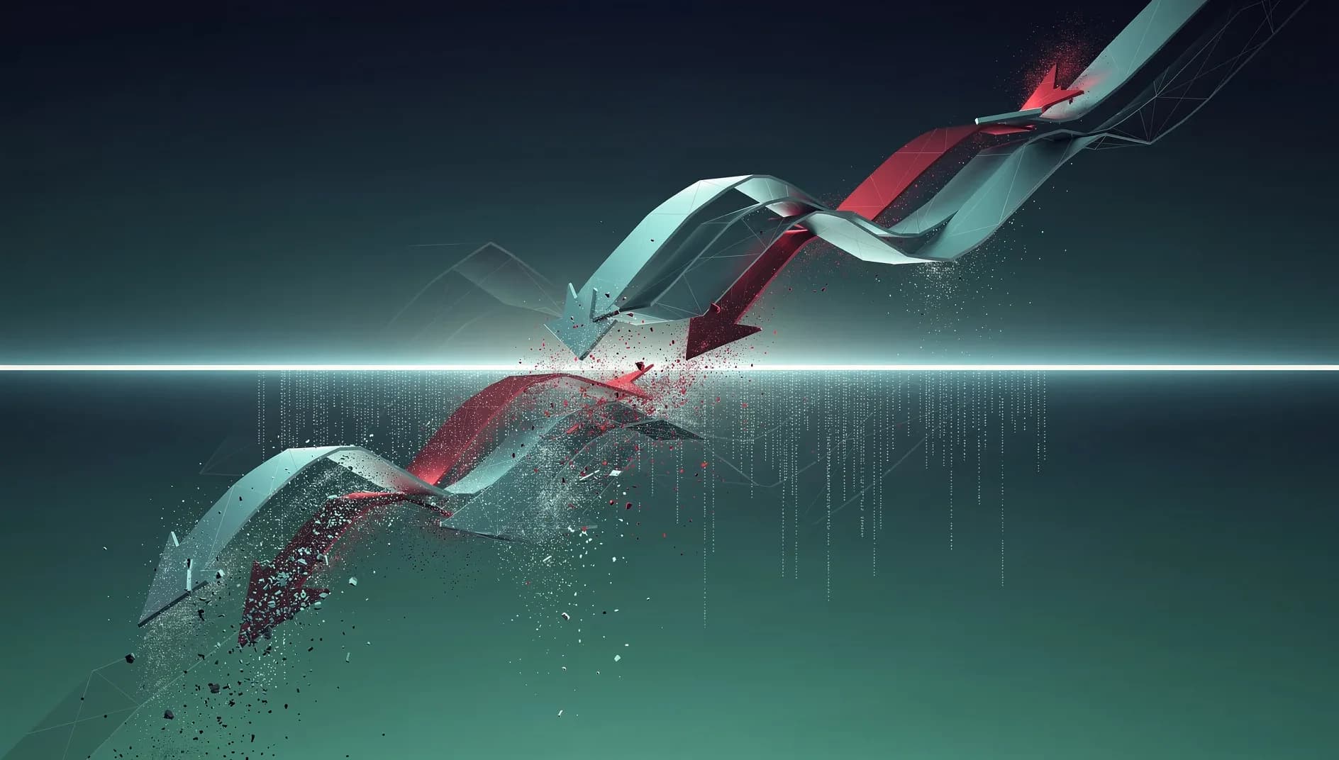 Visualisation abstraite de courbes financières descendantes traversant un seuil critique, symbolisant la rupture technique des indices boursiers mondiaux