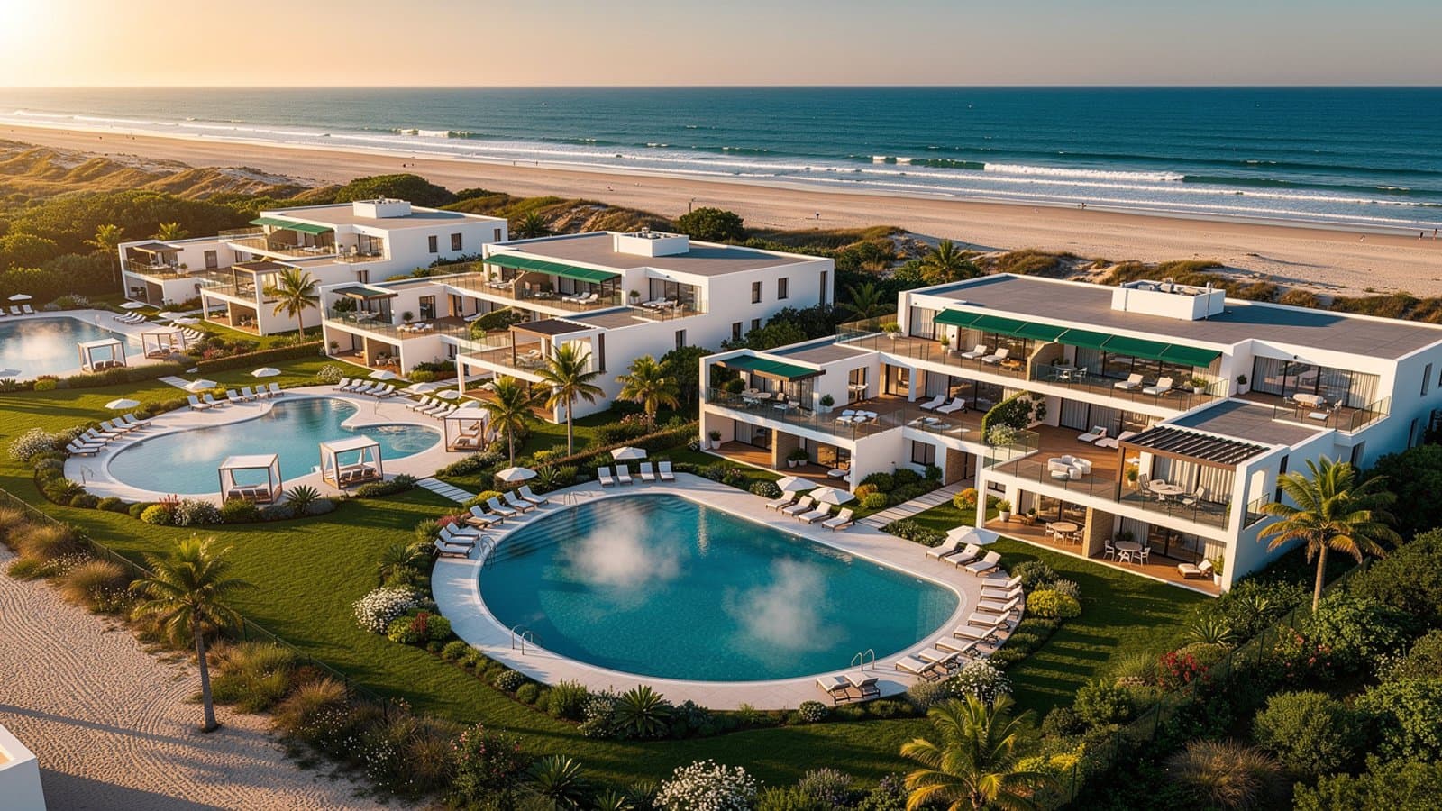 Vue aérienne d'un complexe thalasso de luxe en bord de mer sur la côte atlantique française