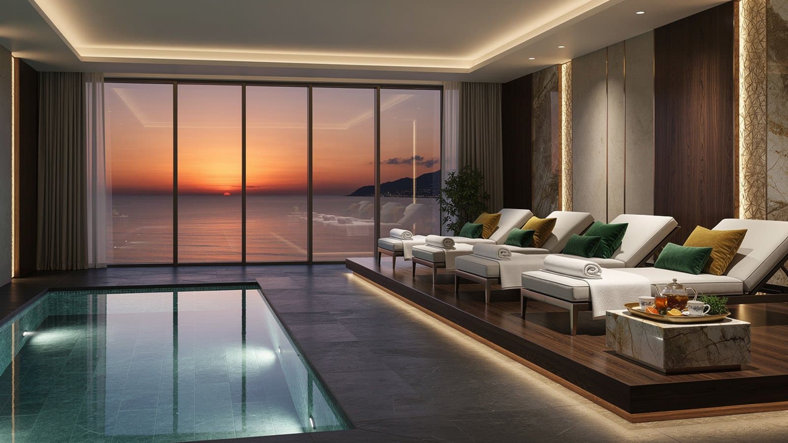 Espace de relaxation d'un spa hôtelier cinq étoiles avec bassin à débordement et éclairage d'ambiance