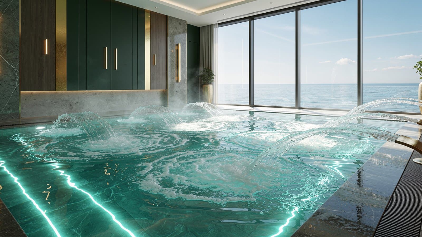 Piscine d'eau de mer chauffée avec jets hydromassants dans un centre thalasso de luxe en bord de mer