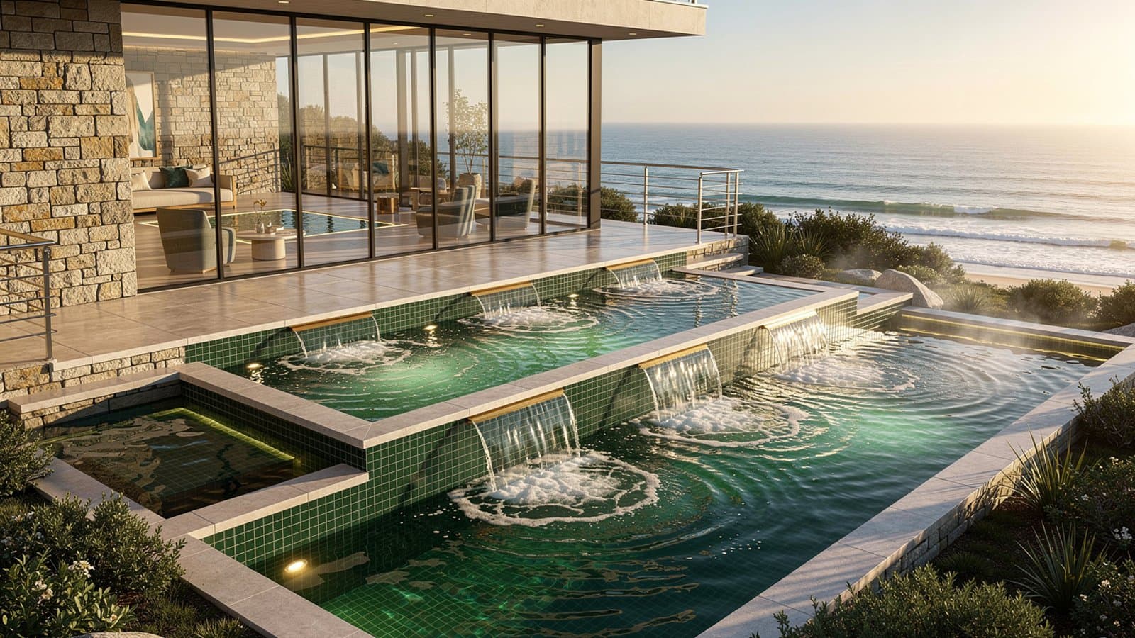 Centre de thalassothérapie premium avec bassins d'eau de mer chauffée et vue sur le littoral breton