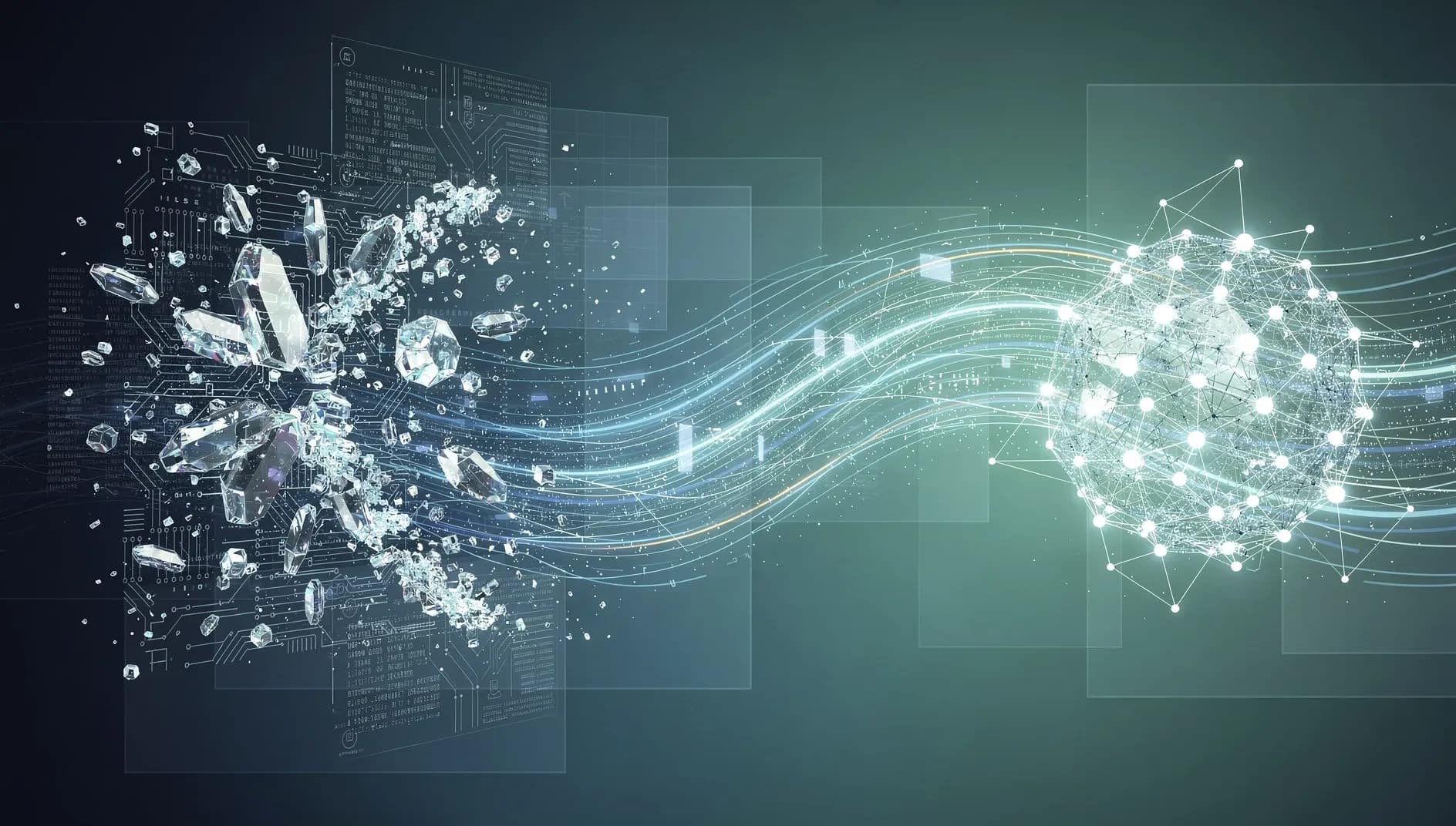 Visualisation abstraite de structures logicielles numériques se fragmentant sous l'effet de flux de données autonomes, symbolisant la disruption du modèle SaaS par l'intelligence artificielle