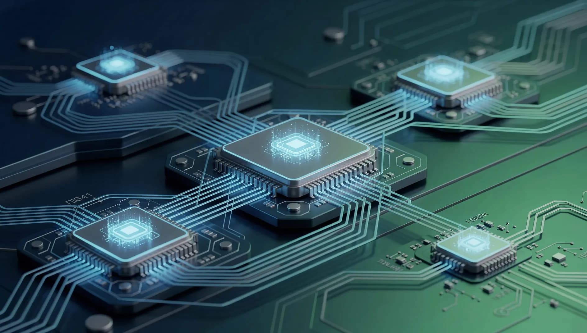 Visualisation abstraite de circuits et d'architectures de puces interconnectées symbolisant l'innovation dans les semi-conducteurs pour l'intelligence artificielle