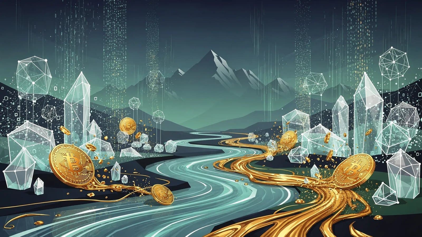 Illustration abstraite de flux numériques dorés descendant depuis des sommets montagneux vers des structures architecturales modernes, symbolisant la conversion d'actifs numériques souverains en infrastructures concrètes