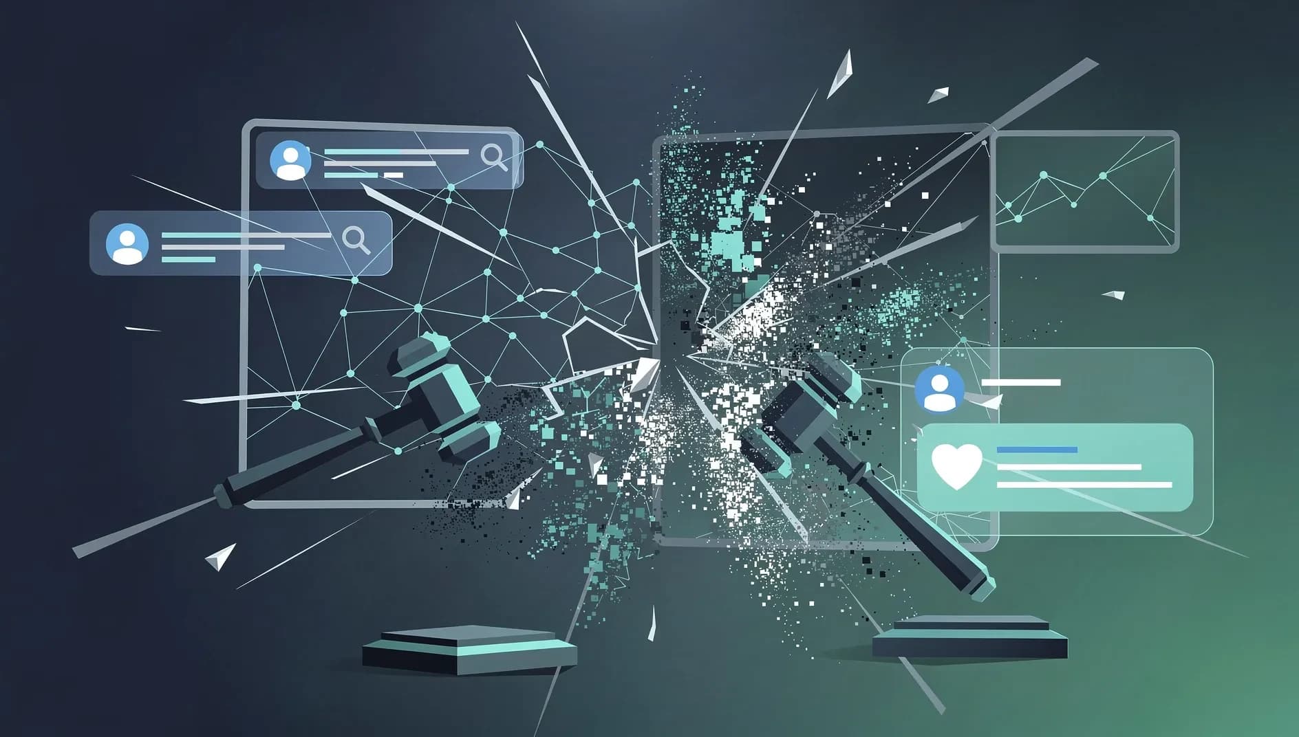 Illustration abstraite représentant des réseaux numériques fragmentés sous l'impact de structures juridiques et réglementaires