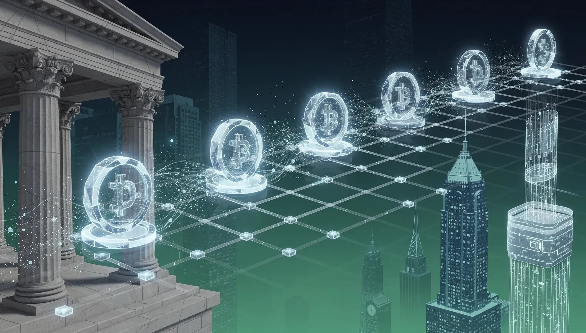 Visualisation abstraite de la convergence entre la finance traditionnelle et la blockchain, représentant des flux d'actifs numériques tokenisés sur un réseau décentralisé