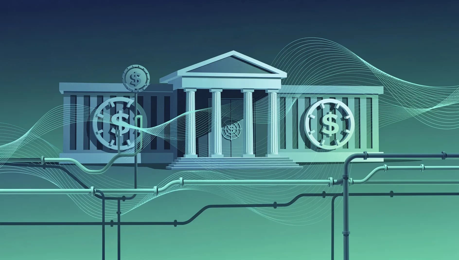 Représentation abstraite de l'architecture institutionnelle européenne face aux forces de l'énergie et de l'inflation, dans des tons bleu profond et vert émeraude