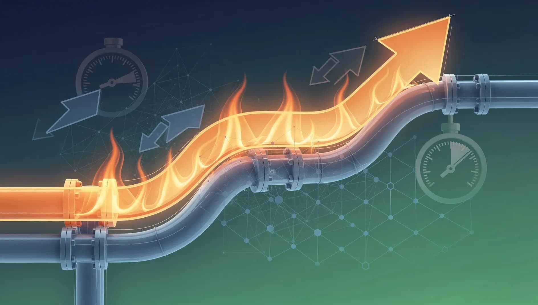 Visualisation abstraite de flammes de gaz naturel et de flux énergétiques européens en tension, dans des tons bleu profond et vert émeraude