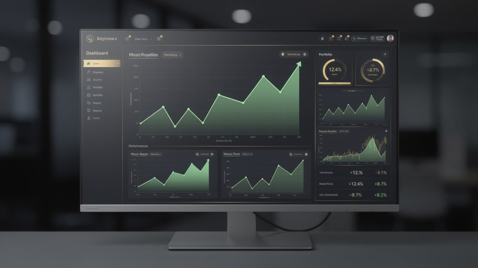 Écran de plateforme d'investissement en royalties musicales avec tableau de bord de performances
