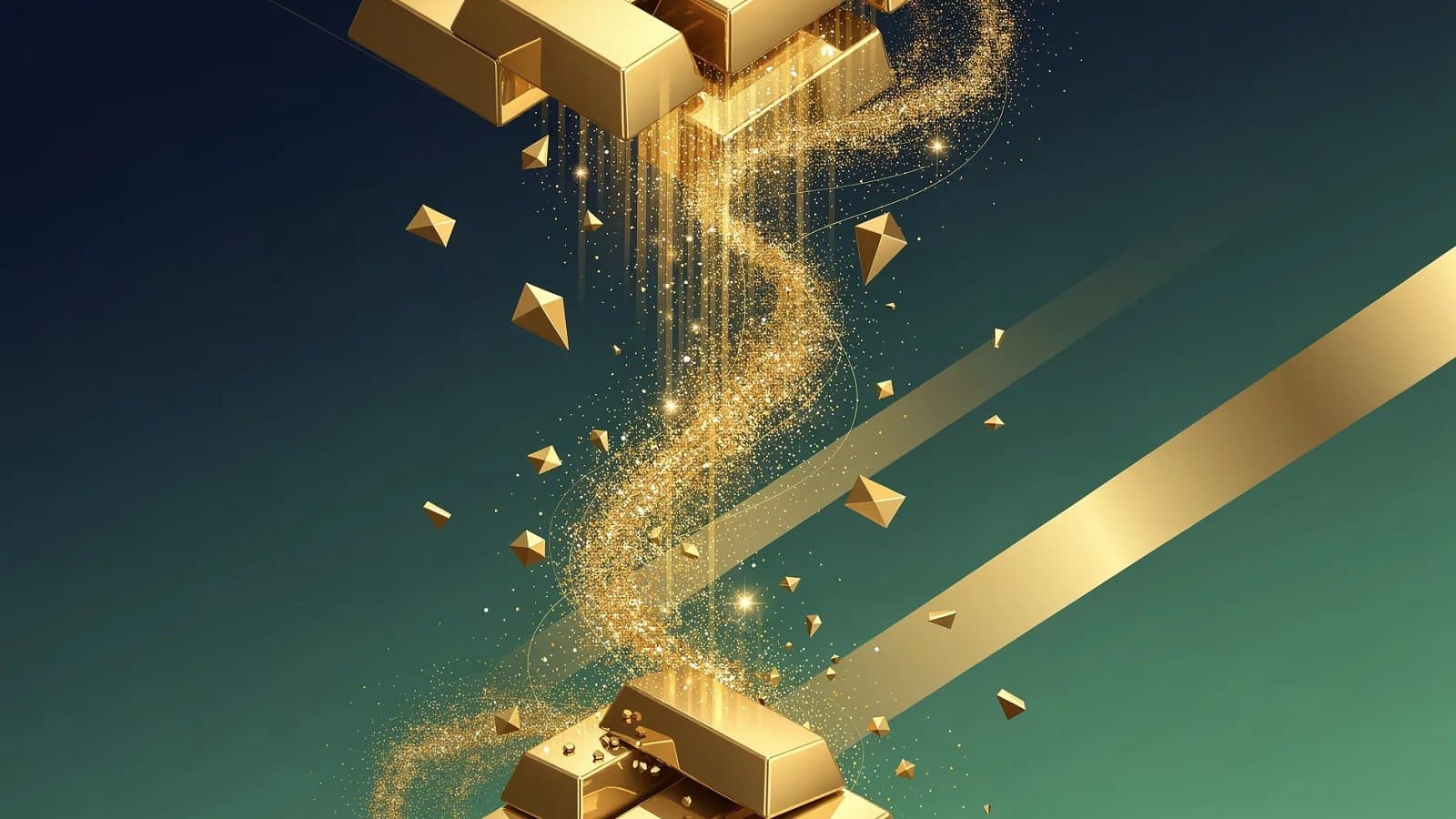 Visualisation abstraite de flux dorés se fragmentant et descendant sur un fond de gradient bleu profond et vert, symbolisant la chute paradoxale de l'or en période de crise