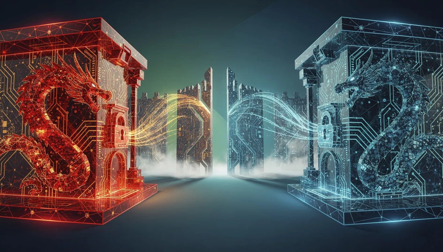 Illustration abstraite de la souveraineté technologique et des tensions géopolitiques dans l'intelligence artificielle mondiale
