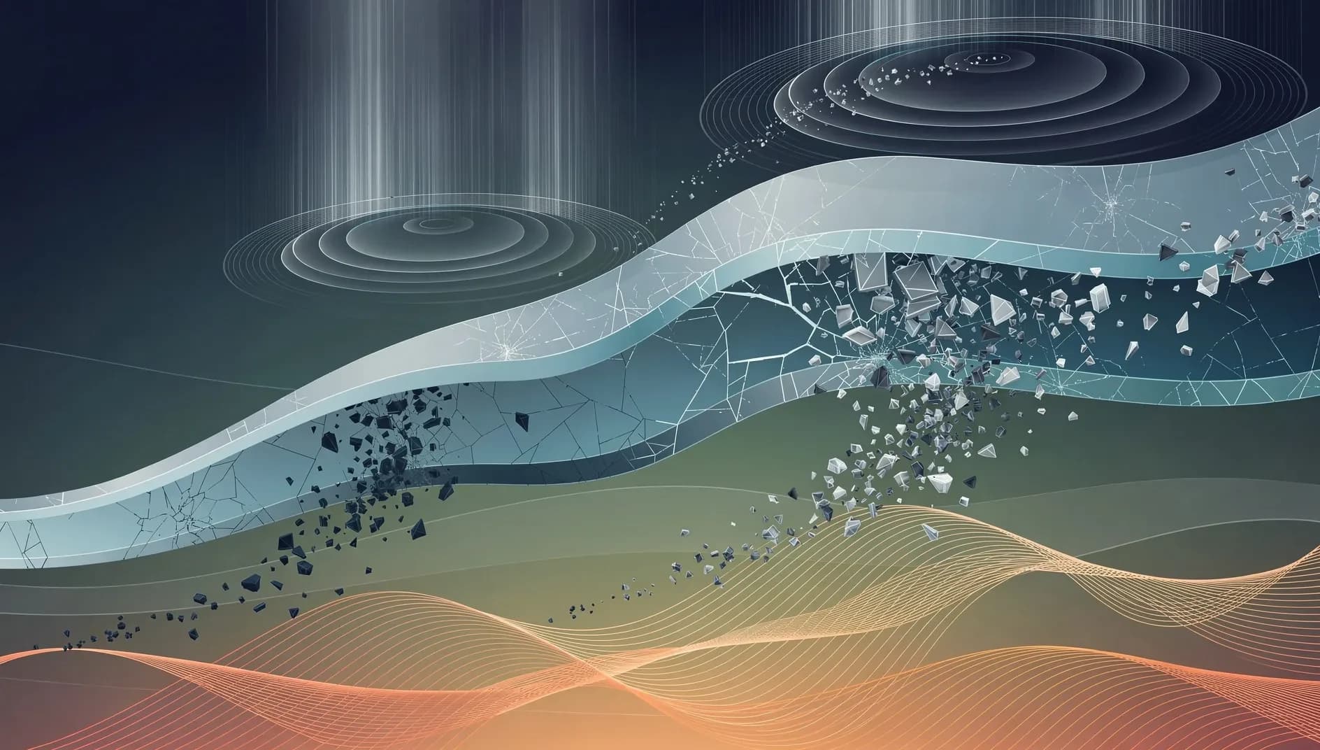 Visualisation abstraite de la confiance des consommateurs en déclin, avec des flux économiques descendants et des ondes inflationnistes sur fond bleu profond