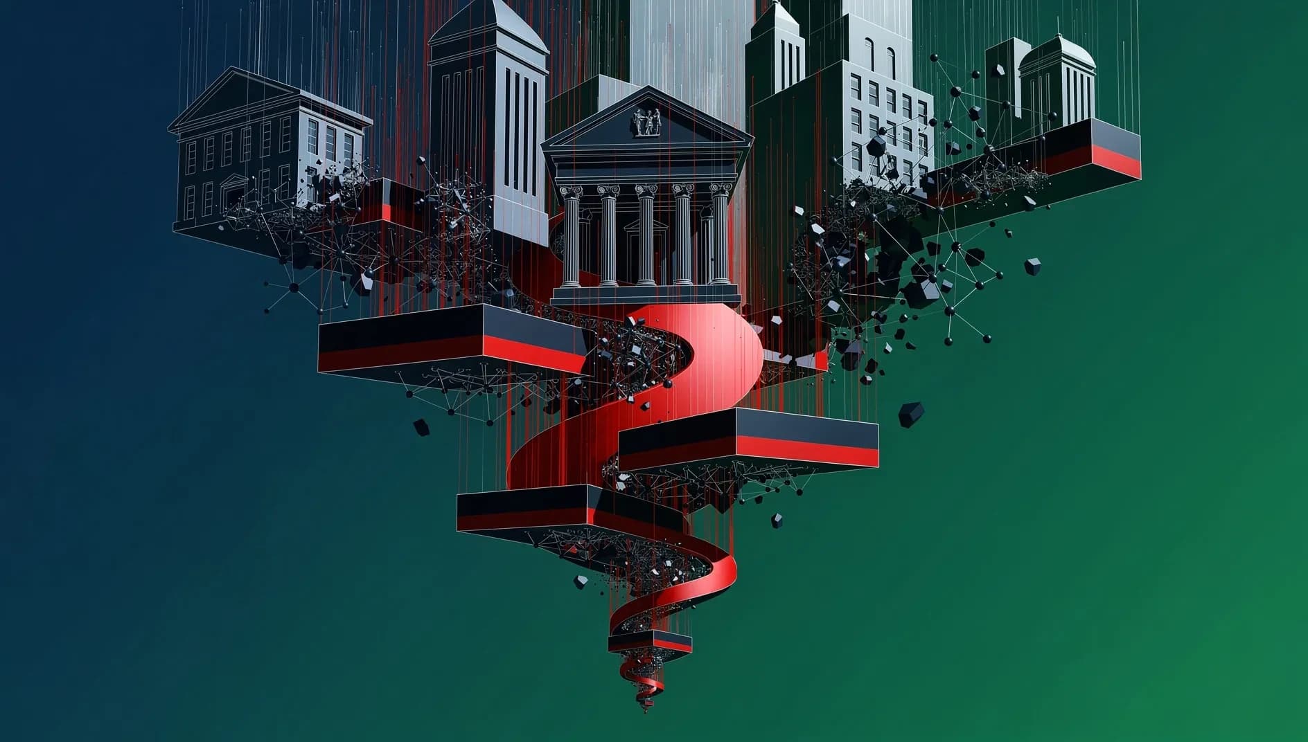 Illustration abstraite de flux financiers descendants et de structures de marché en rupture, symbolisant la correction boursière de Wall Street