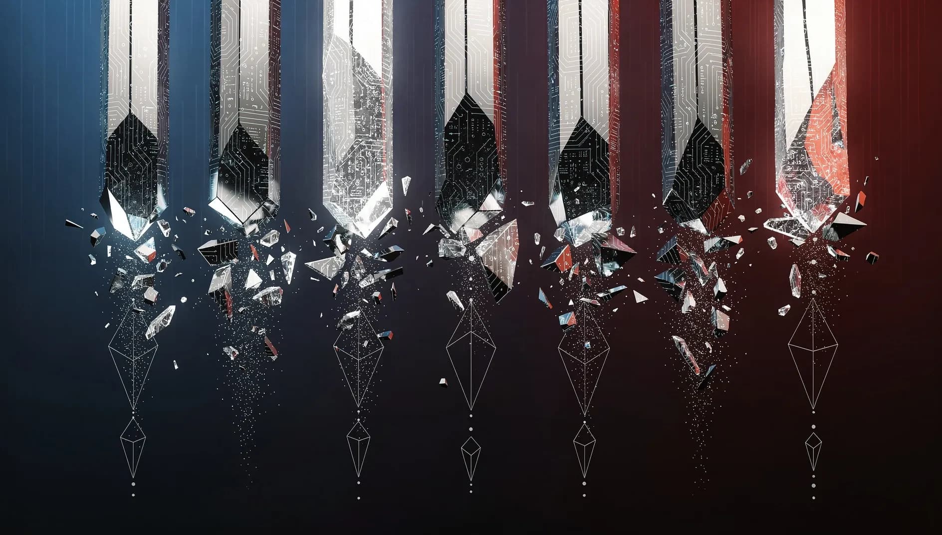 Visualisation abstraite de structures technologiques en déclin, représentant la correction des géants de la tech sur les marchés financiers