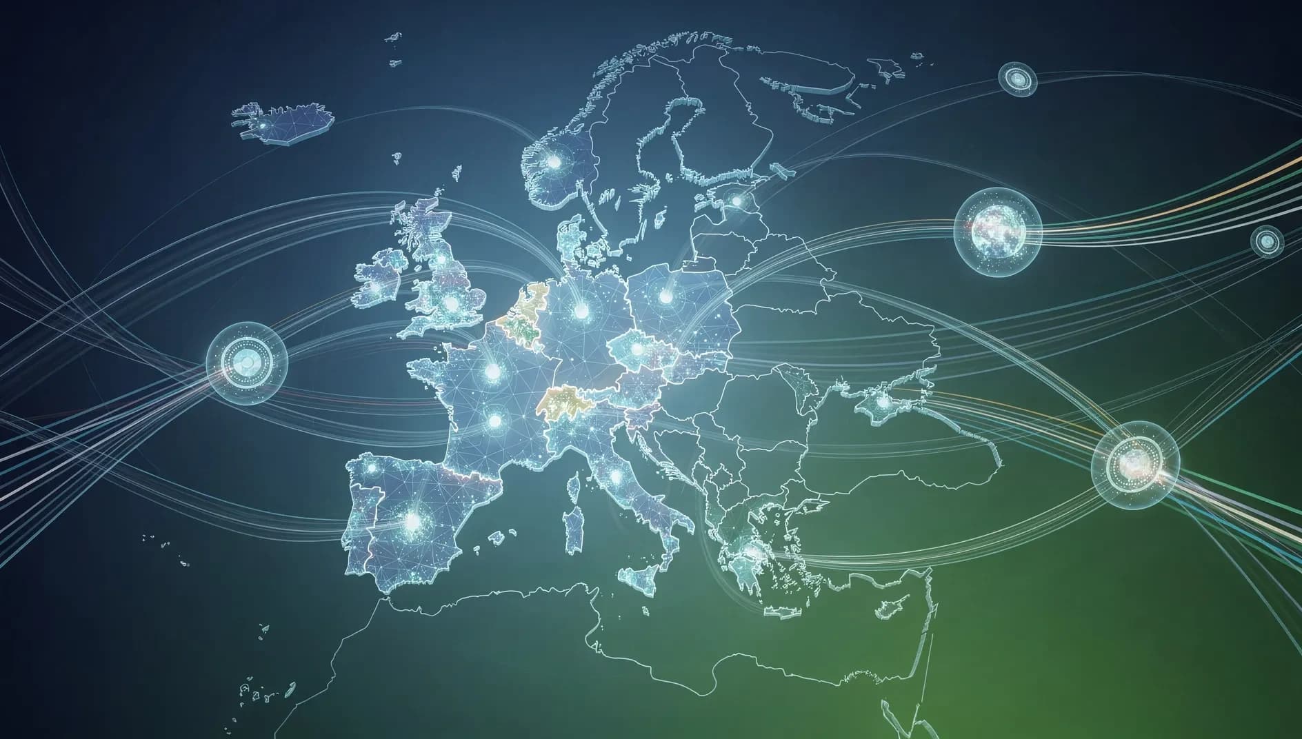 Visualisation abstraite de flux de paiements numériques autonomes connectant des réseaux financiers européens via l'intelligence artificielle