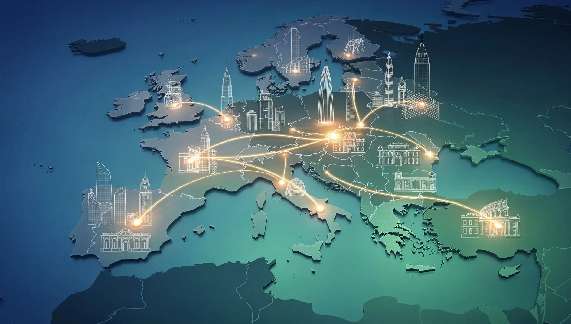 Visualisation abstraite de flux financiers traversant une carte européenne stylisée, symbolisant la diversification géographique des investissements immobiliers