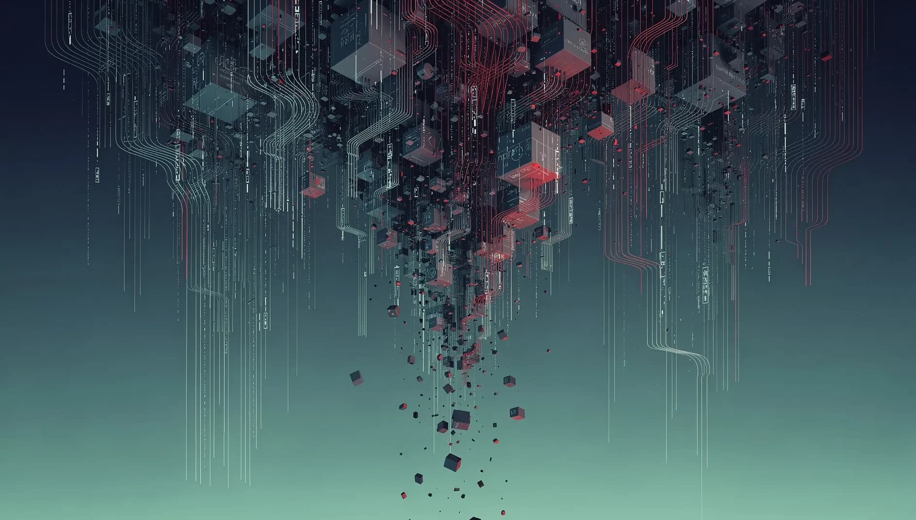 Visualisation abstraite de marchés financiers en chute avec des flux d'énergie descendants et des indicateurs de volatilité