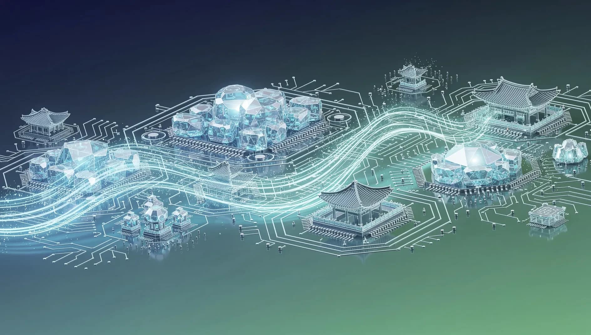Visualisation abstraite de circuits de mémoire haute performance et de flux de données interconnectés symbolisant la révolution de la mémoire IA