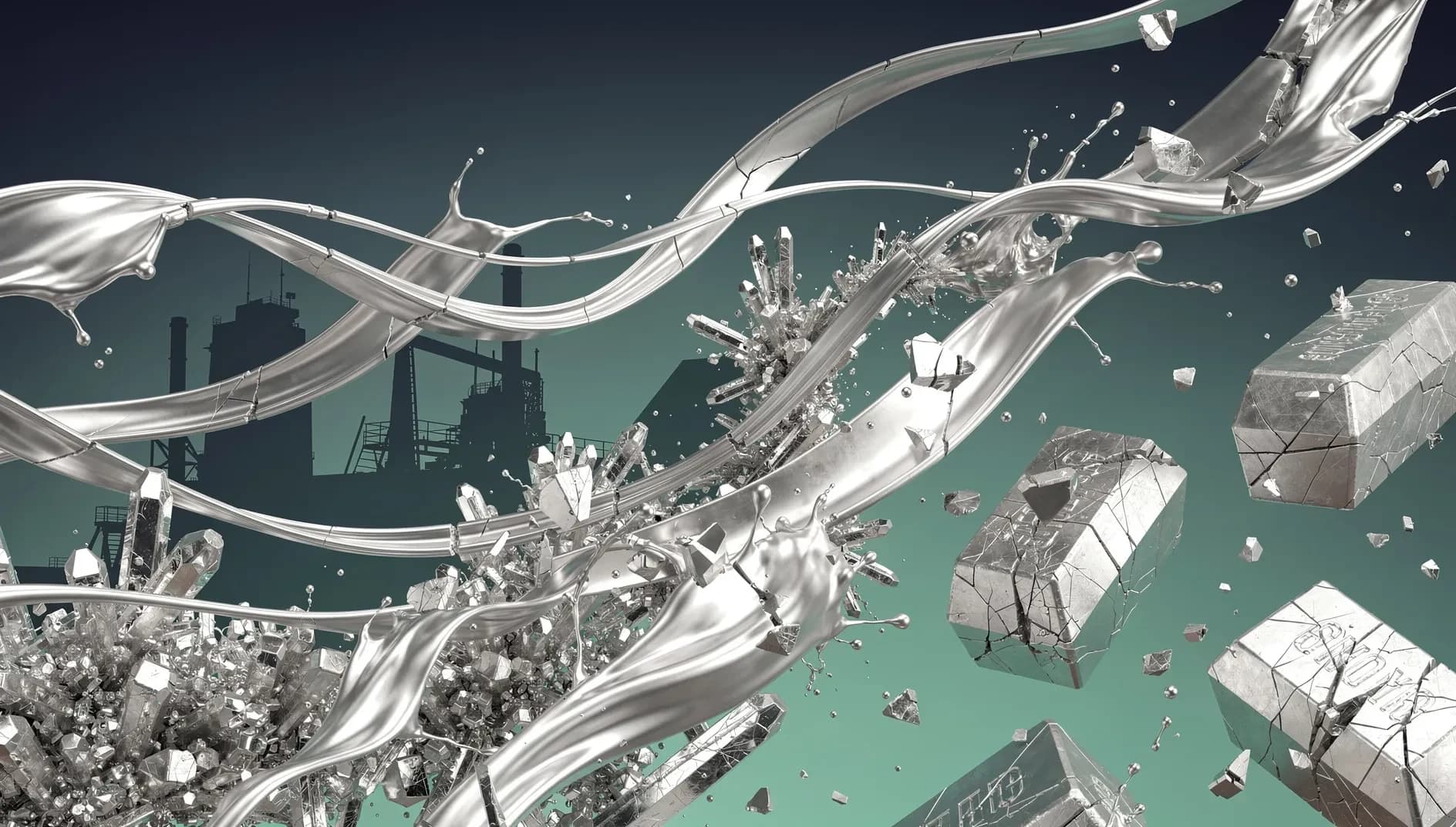 Illustration abstraite de flux métalliques en fusion et de structures industrielles fragmentées, évoquant la crise mondiale de l'approvisionnement en aluminium