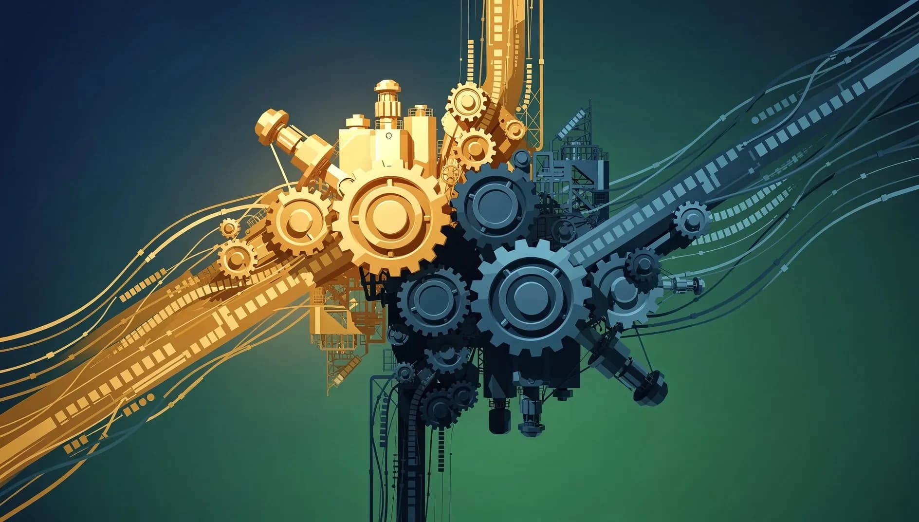Visualisation abstraite de signaux industriels divergents, représentant la tension entre expansion et contraction dans le secteur manufacturier mondial