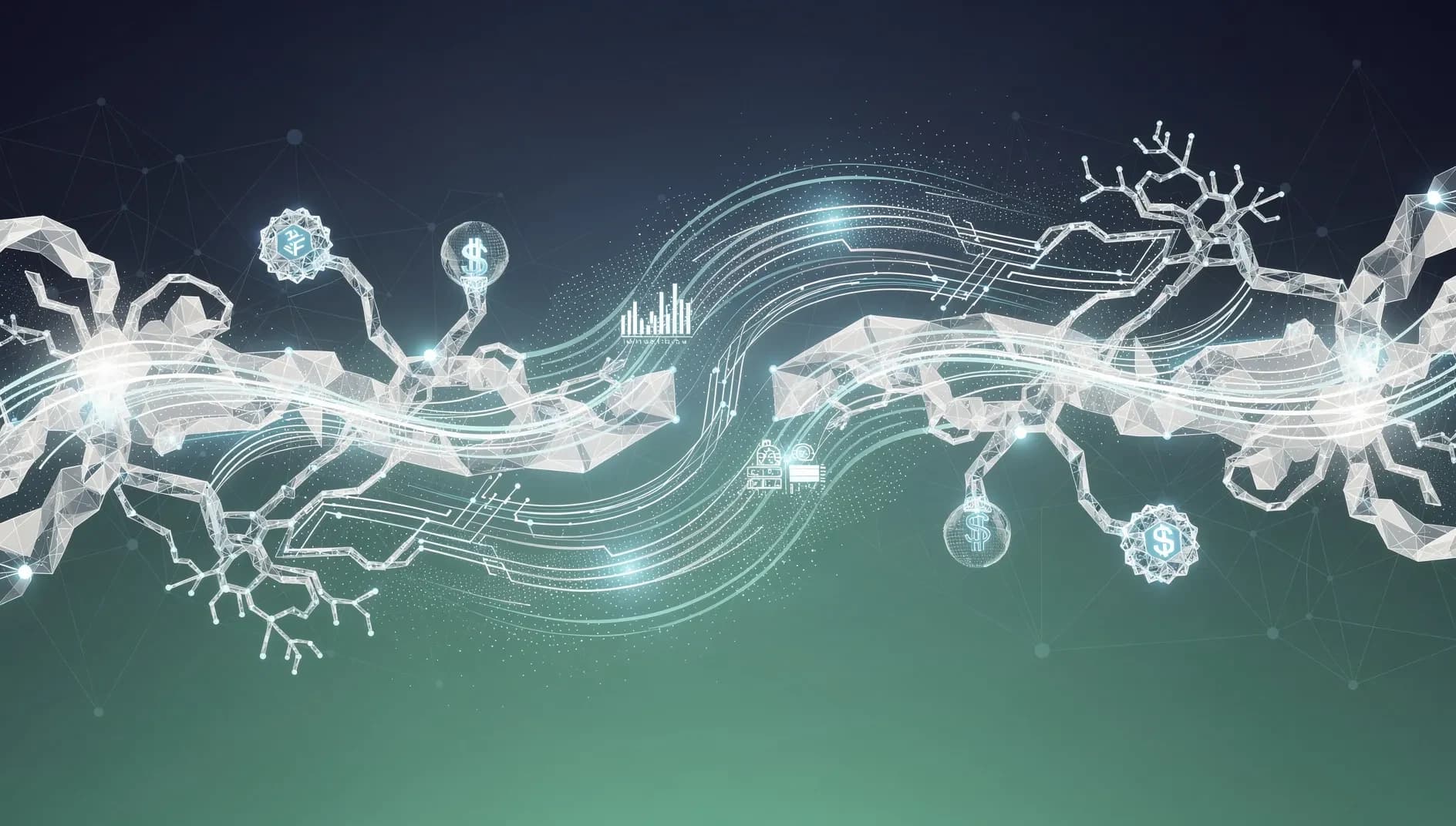 Visualisation abstraite de flux de données financières autonomes et de réseaux de paiements numériques interconnectés
