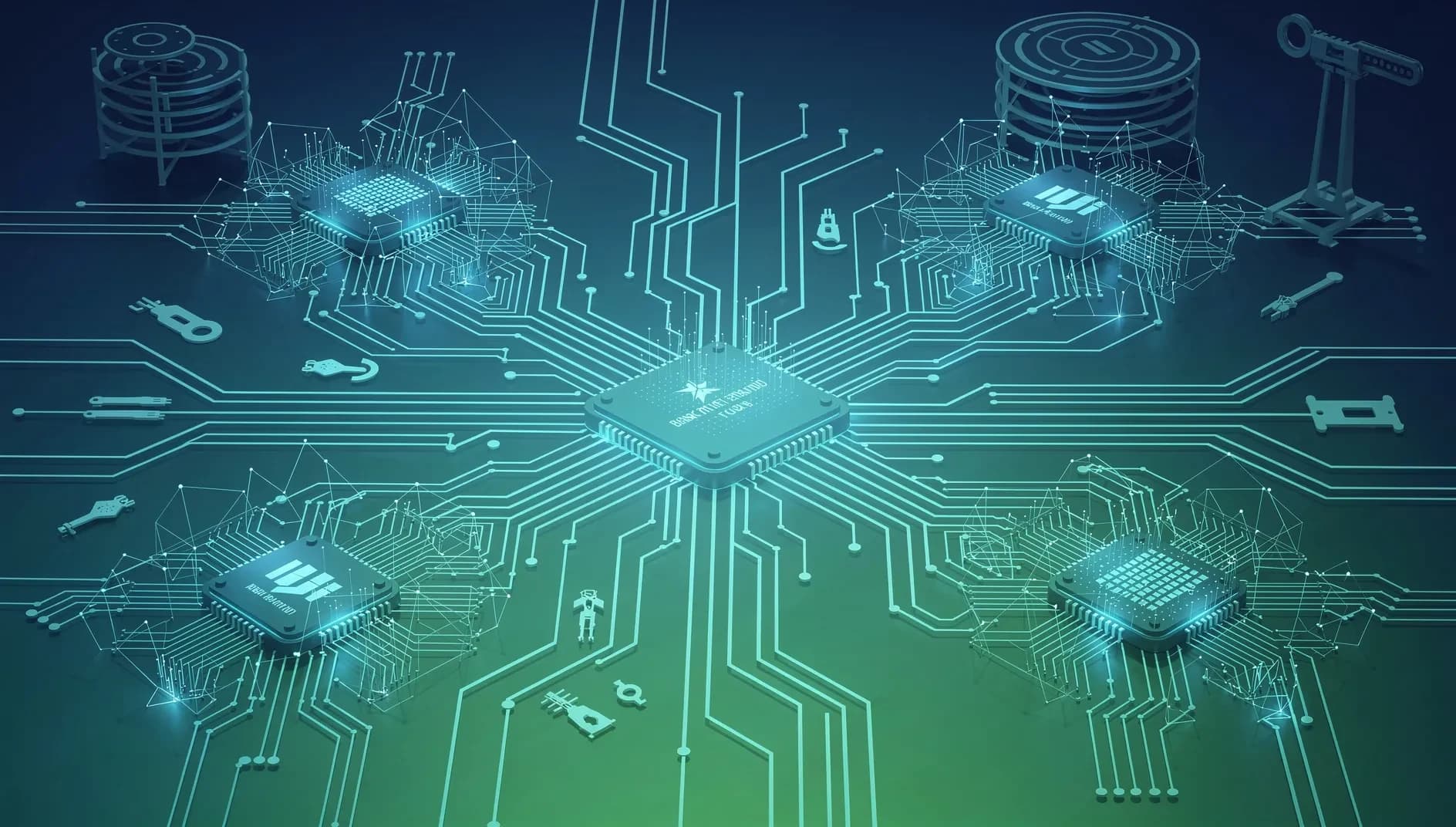 Visualisation abstraite de circuits imprimés et de réseaux de fabrication de semi conducteurs interconnectés, symbolisant la puissance industrielle et l'innovation technologique