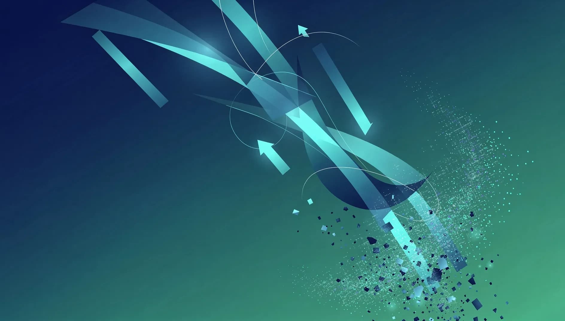 Visualisation abstraite d'un mouvement baissier sur les marchés financiers avec des courbes descendantes et des formes dynamiques en bleu profond et vert émeraude